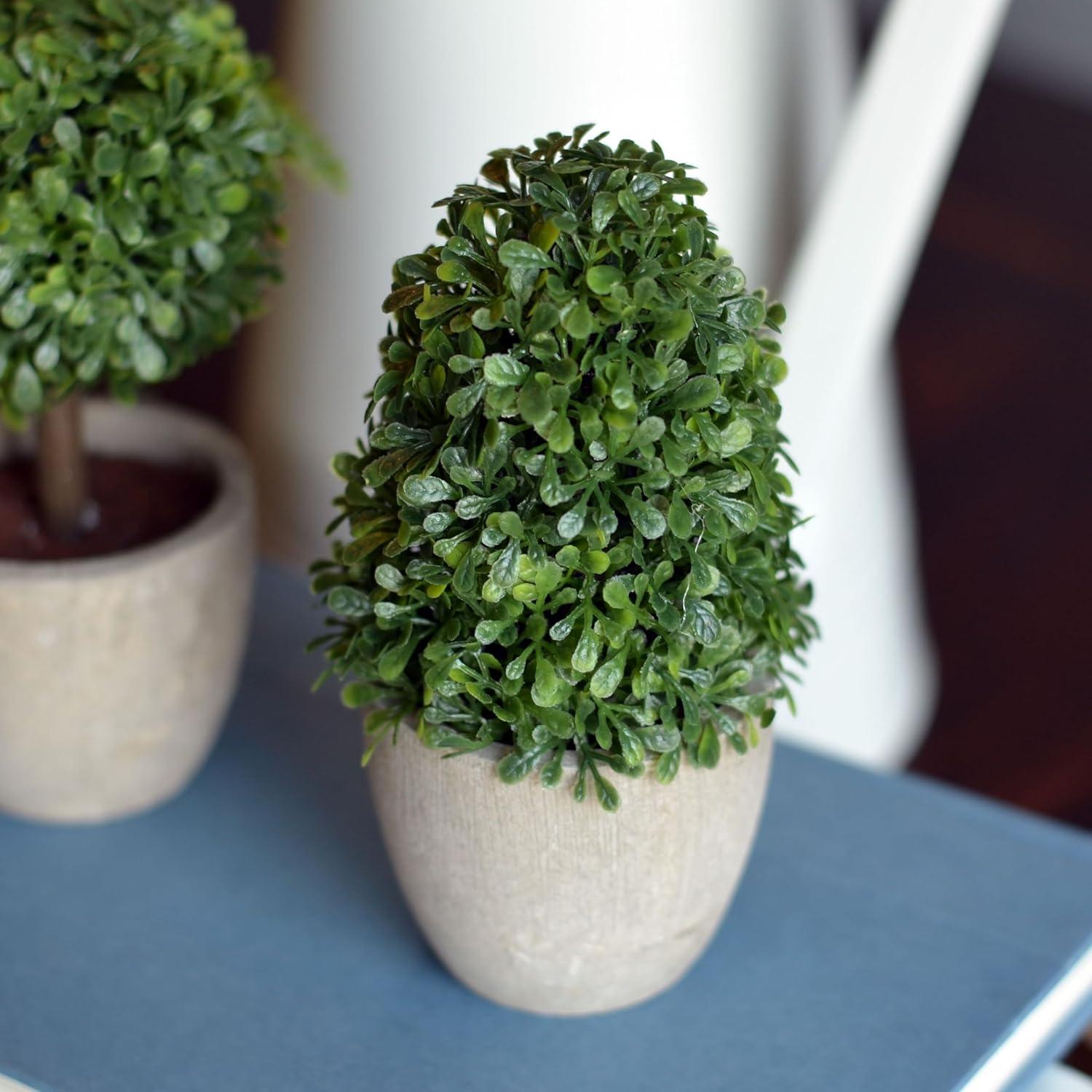 Realistic Faux Boxwood Sculptural Topiary, Set of 3, Curly Leaf, Cone and Ball Tops, Gray Stone Pot, Each 5 1/2 Inches Tall, Mixed Materials