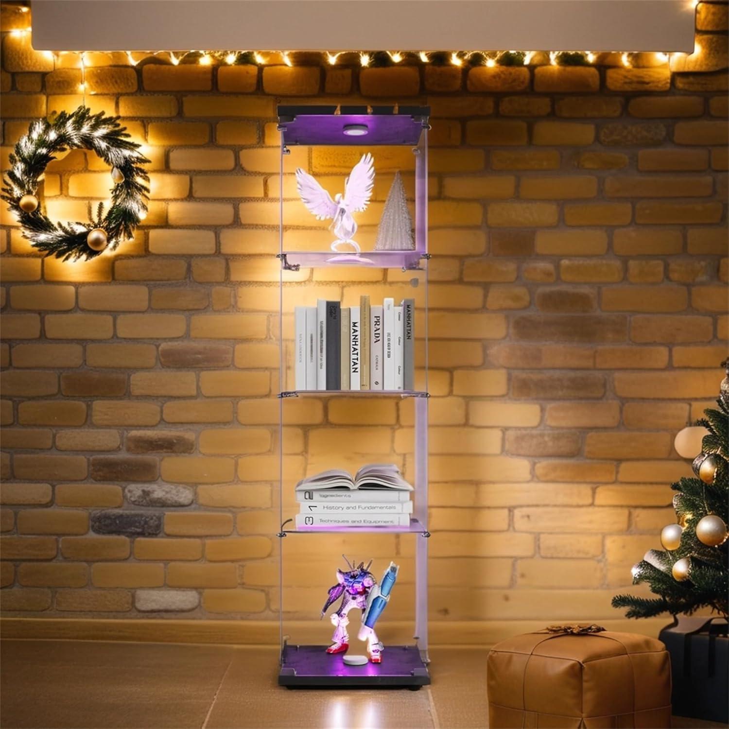 Glass Display Cabinet with LED Light,4 Tier Shelf Glass-Door Cabinet in Clear,Floor Standing Curio Cabinets Collection Display Case Glass Bookshelf
