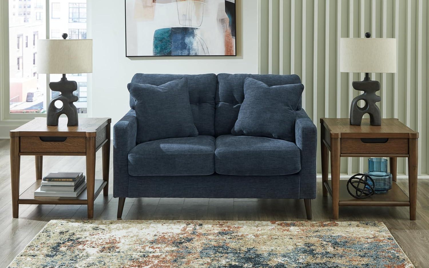 Navy Tufted Fabric Loveseat with Track Arms and Pillow Back