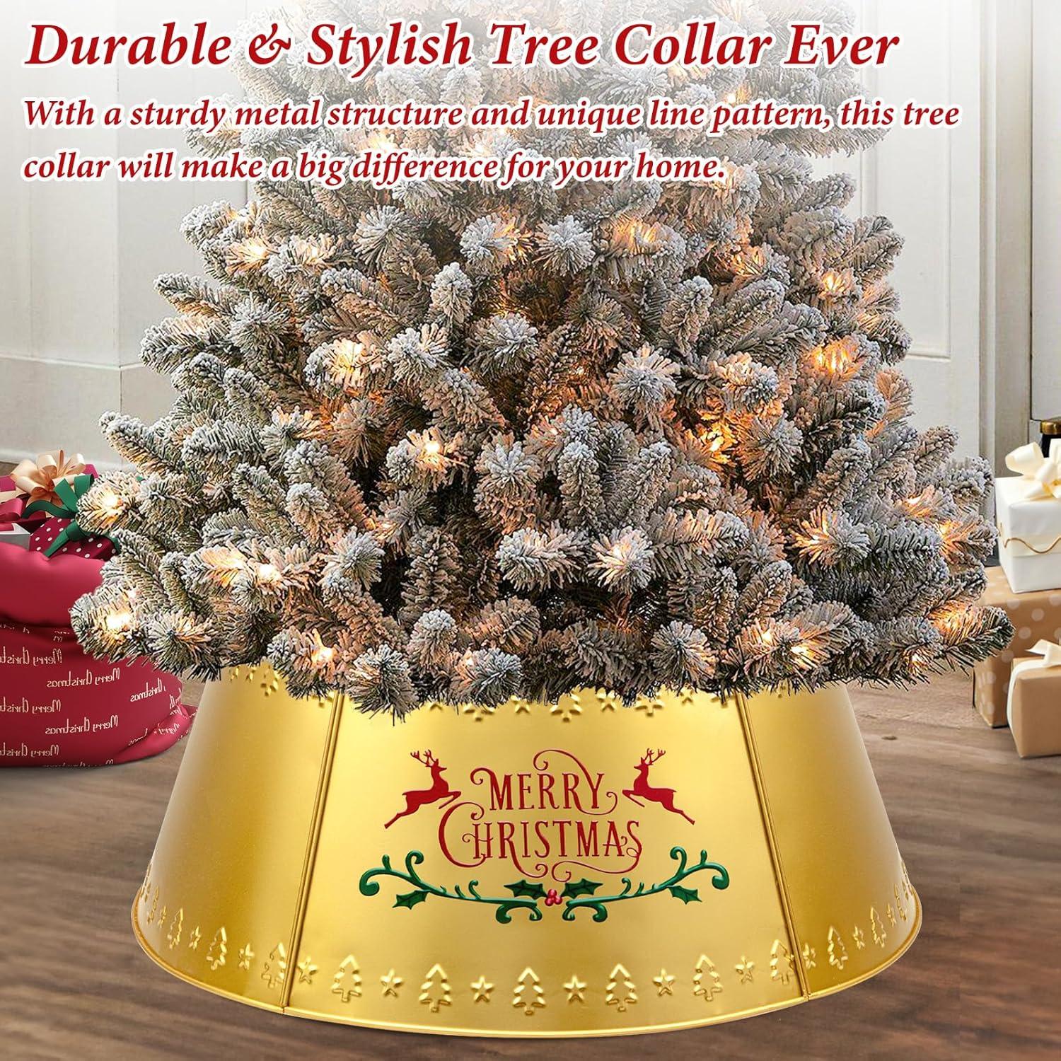 Nordic Hygge 28’’ Christmas Tree Collar, Gold Tree Skirt for Christmas Tree Decor, Christmas Tree Base Cover with Printed Patterns, Metal Tree Collar for Pencil Tree of Living Room