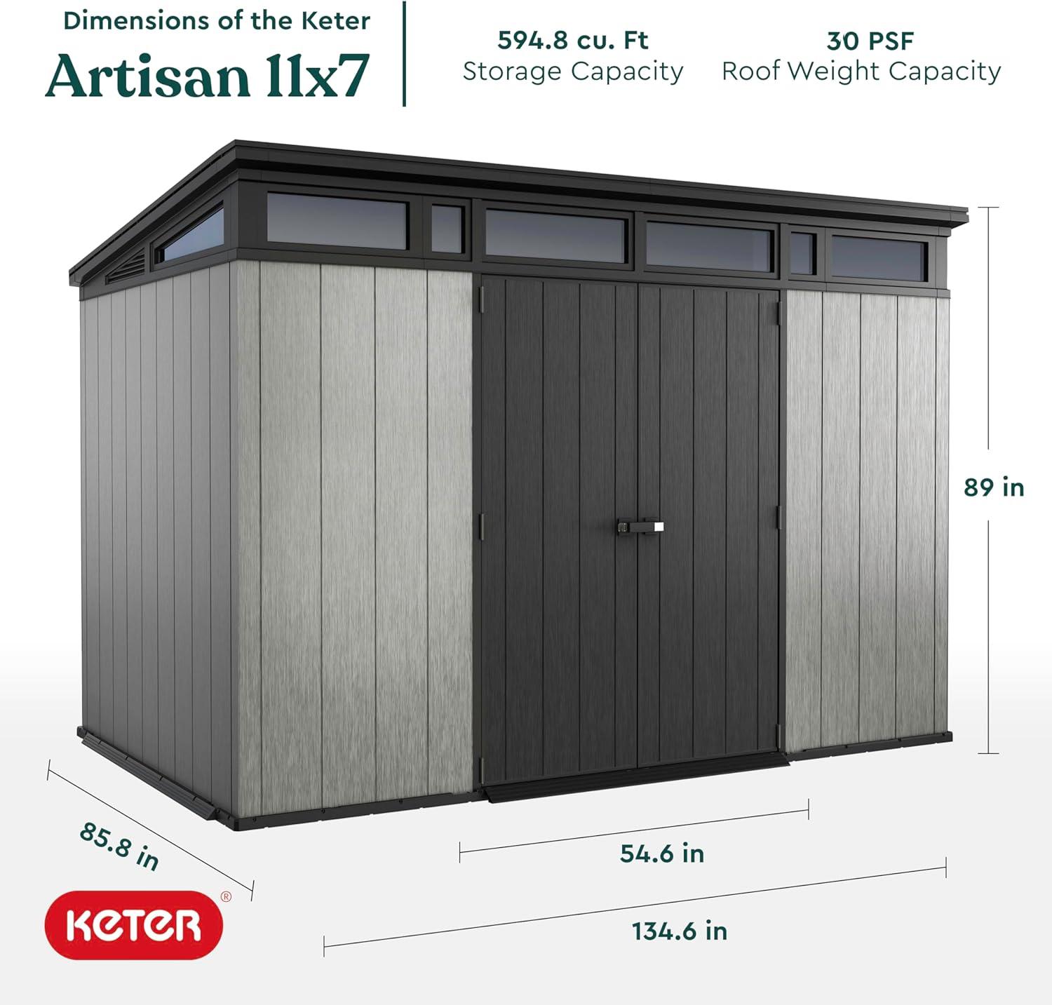 Keter Artisan 11x7 ft. Durable Resin Outdoor Storage Shed With Heavy Duty Floor and Locking Door, Grey