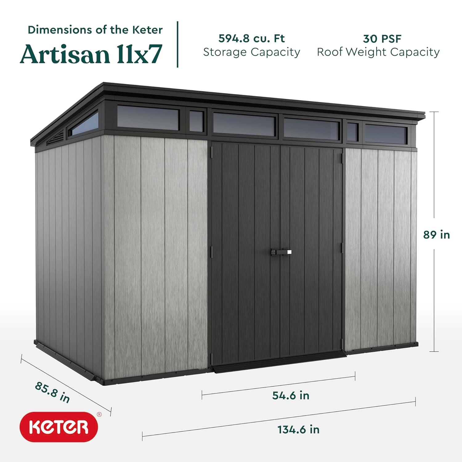 Keter Keter Artisan 11x7 ft. Modern Durable Resin Outdoor Storage Shed With Floor and Double Doors for Garden Patio Furniture and Tools, Grey