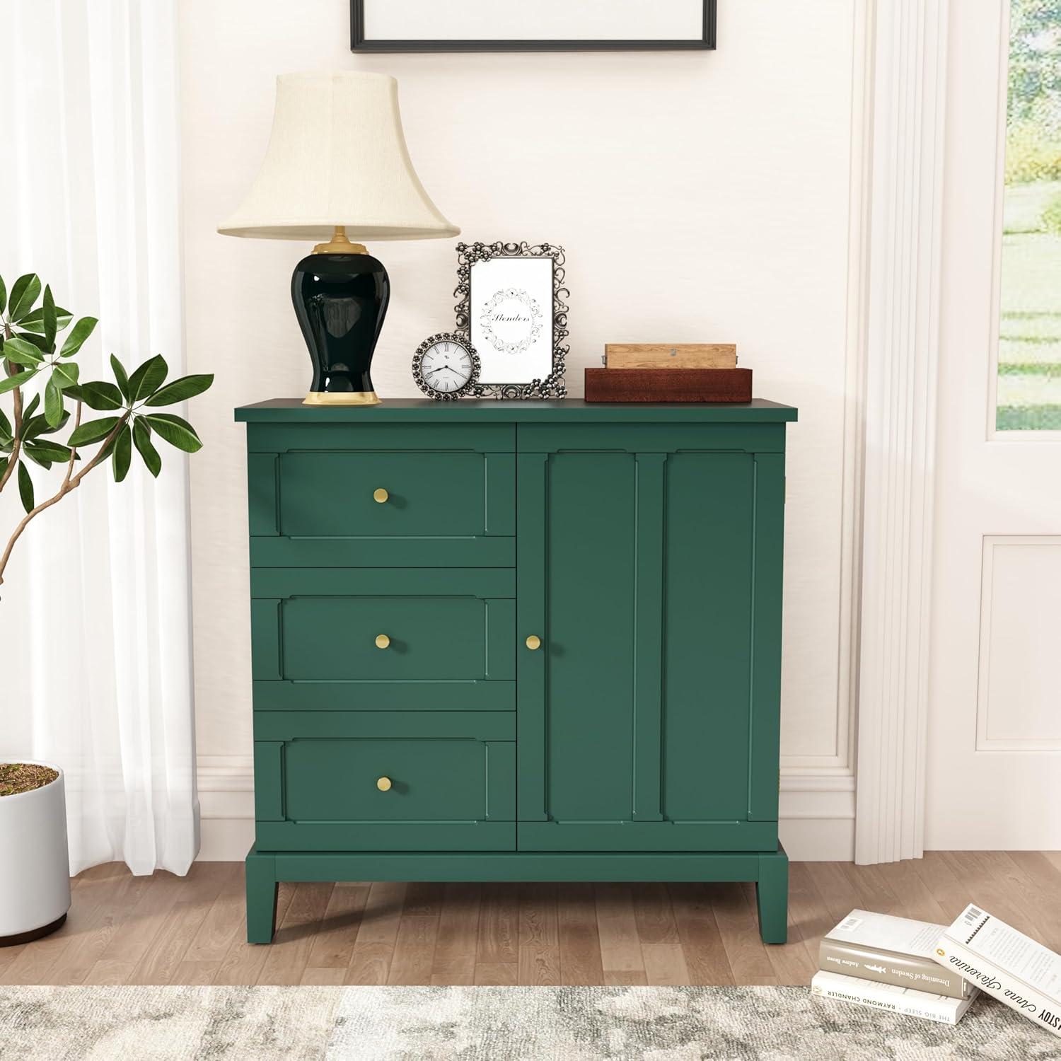 Green Wooden Freestanding Office Accent Cabinet with Drawers and Door