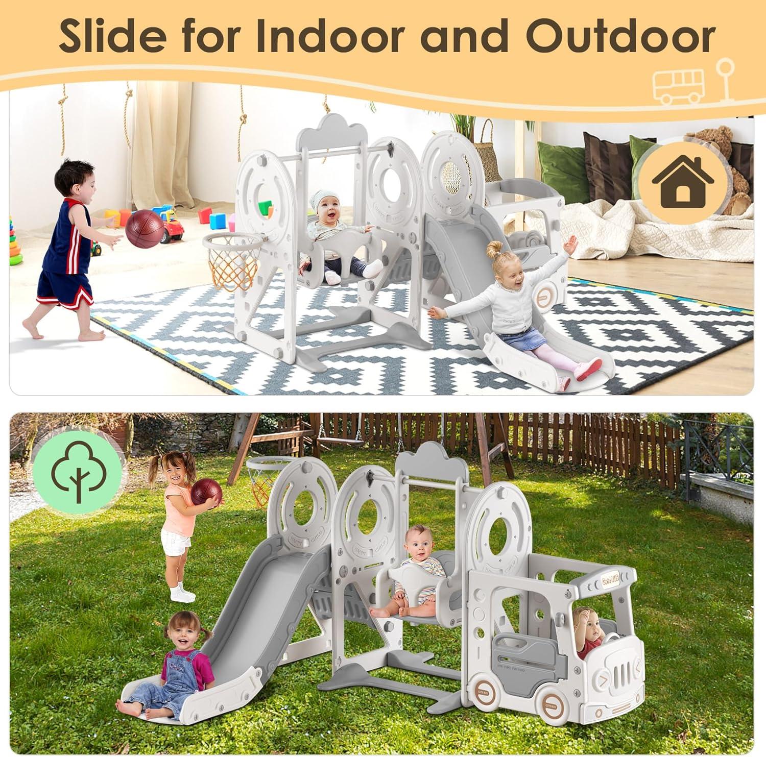 Beige and Gray 5-in-1 Toddler Slide and Swing Set