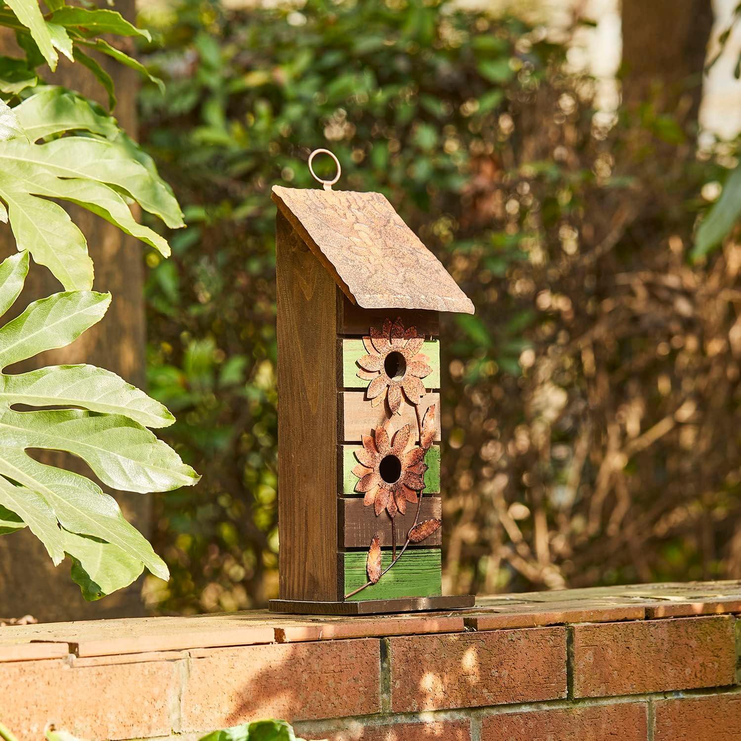 Rustic Two-Tiered Wooden Birdhouse with Metal Flowers