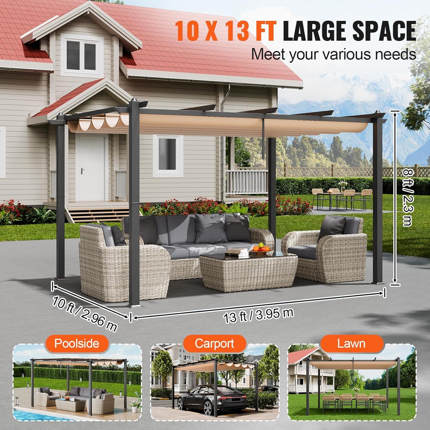 VEVOR 10'x13' Outdoor Retractable Pergola with Canopy, Aluminum Pergola with Retractable Canopy, Modern Style,Sun Shadefor Patios, Gardens, Decks, Backyards (Beige)