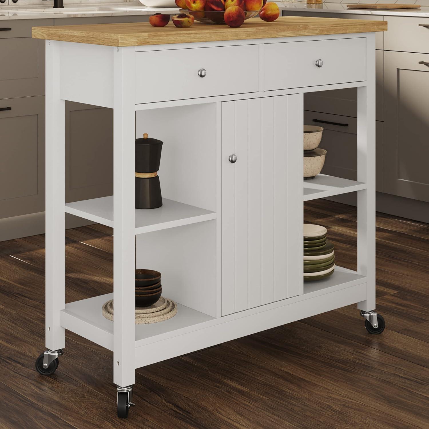 Kitchen Island with Drawers – Rolling Cart with Locking Casters – Use as Coffee Bar, Microwave Stand, or Shelves for Storage by Lavish Home (White)