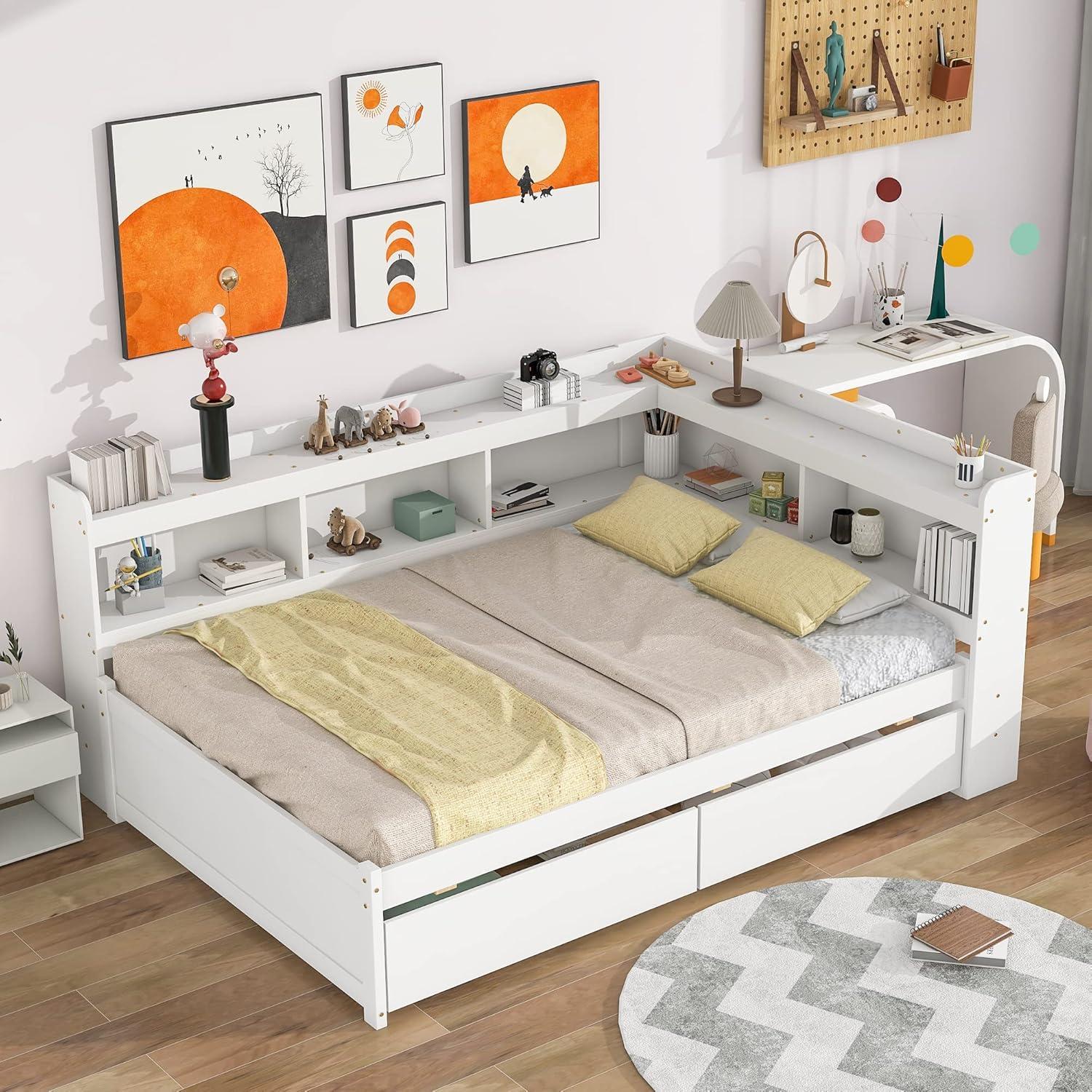 Full Size Platform Bed with L-Shaped Side Bookcase, Wooden Daybed Frame with Two Drawers and Wood Slats Support, Modern Captain Bed for Girls Boys Teens Adults Bedroom, No Box Spring Needed, White