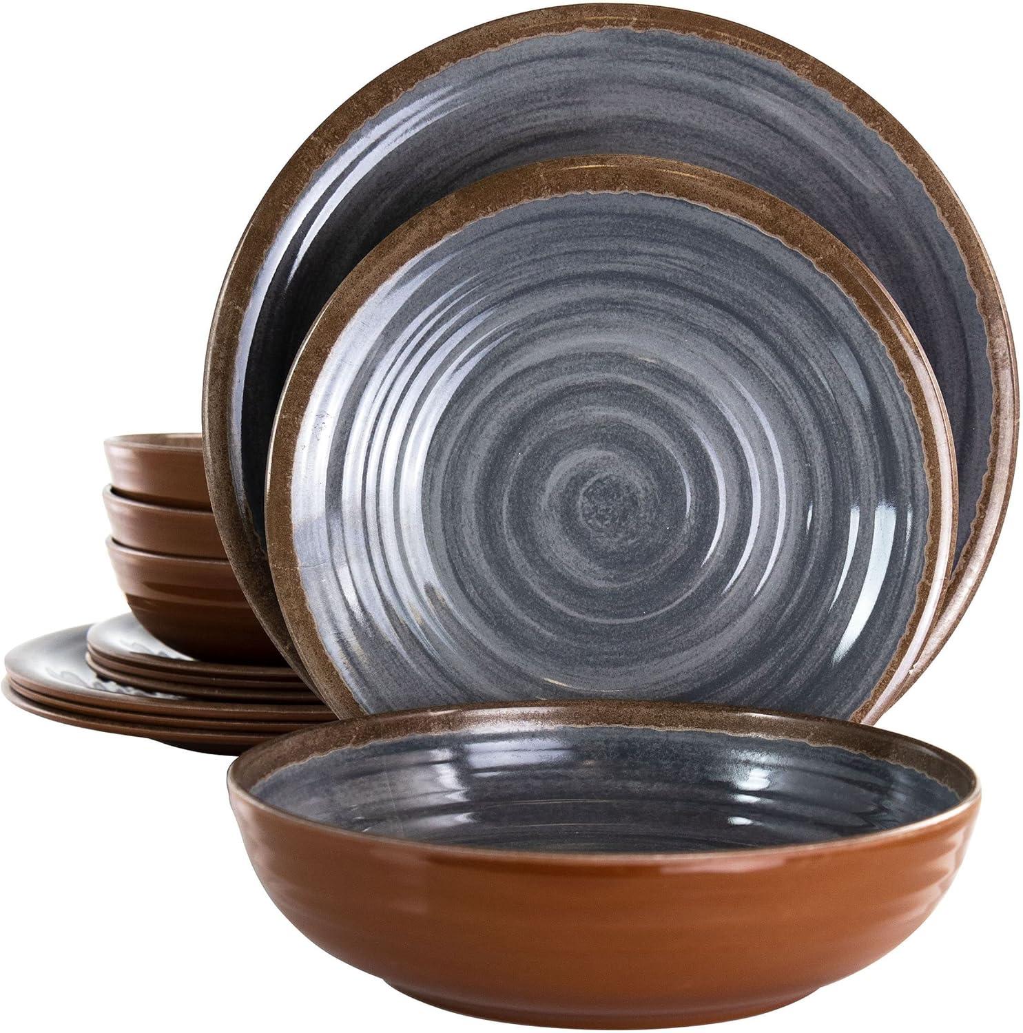 12pc Melamine Stone Oak Dinnerware Set Black - Elama: Solid Dish Set, Service for 4, Dishwasher-Safe