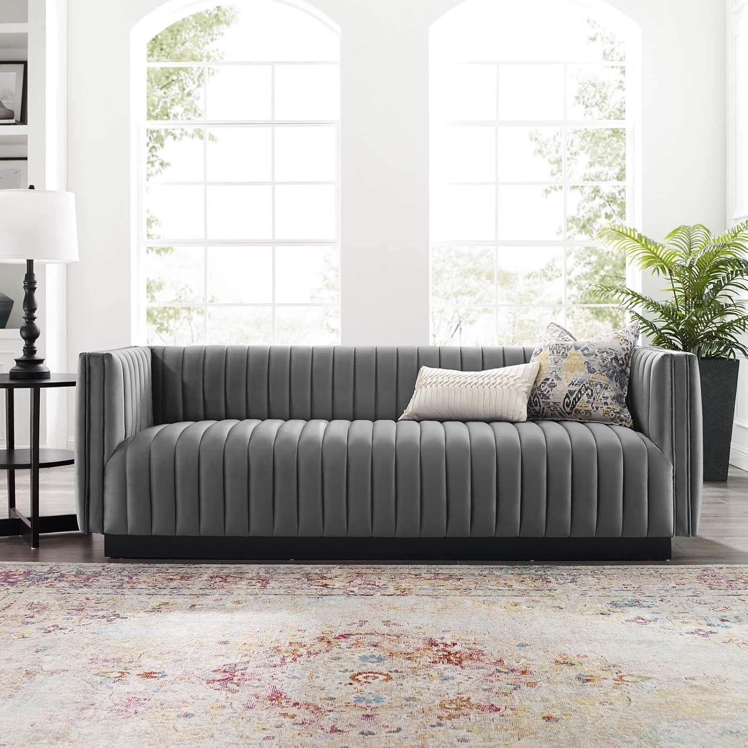 Gray Tufted Velvet Tuxedo Arm Sofa with Wood Base