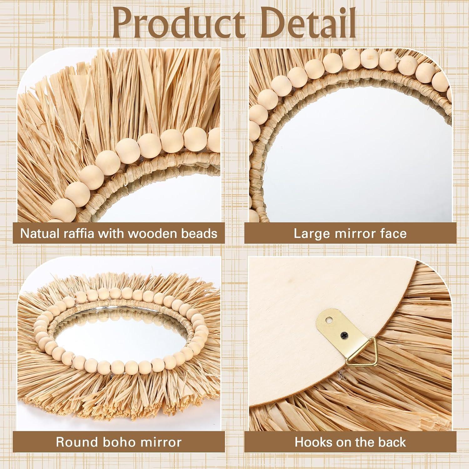 Natural Raffia and Bead Round Wall Mirrors Set