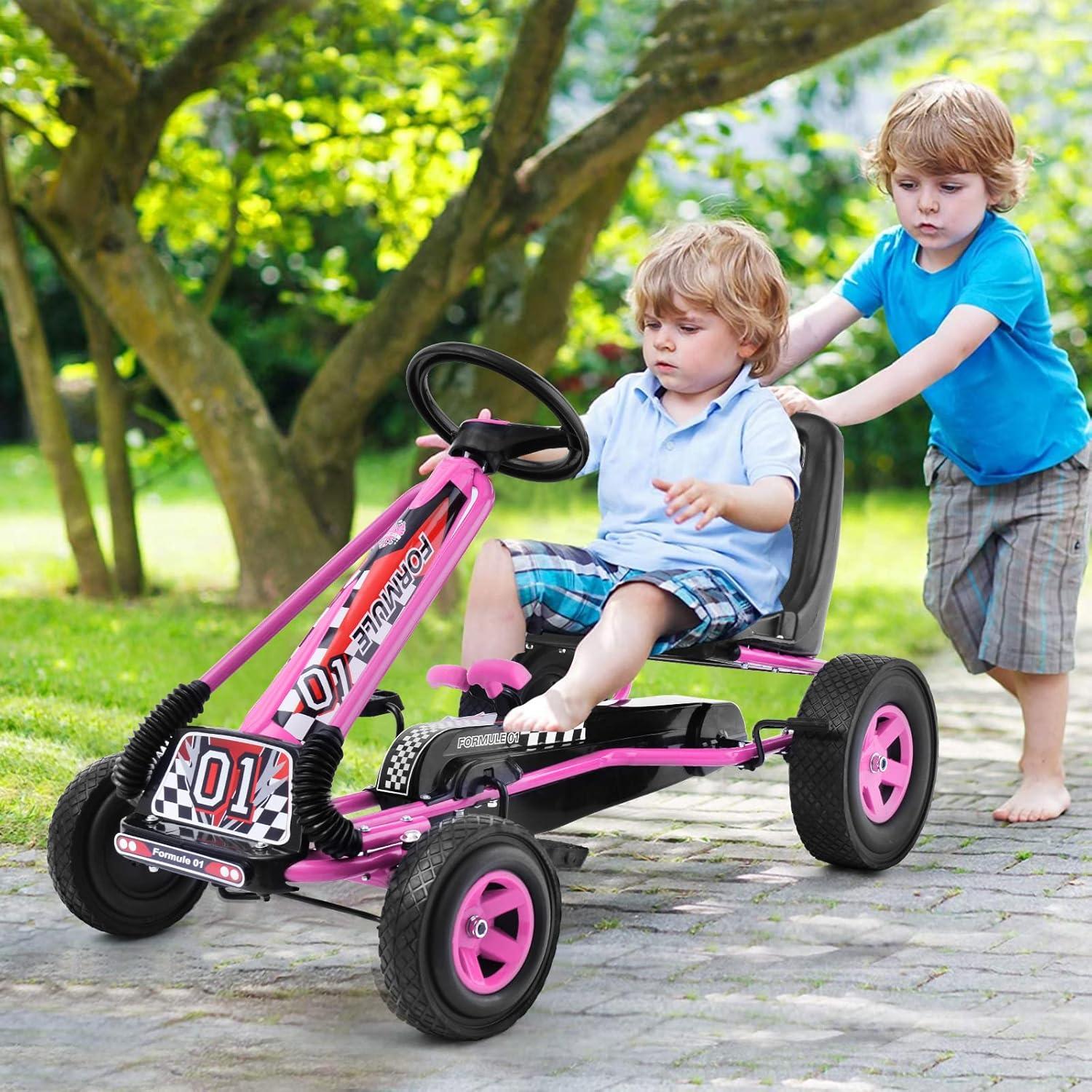 Costway Go Kart 4 Wheel Pedal Powered Kids Ride On Toy with Adjustable Seat Pink