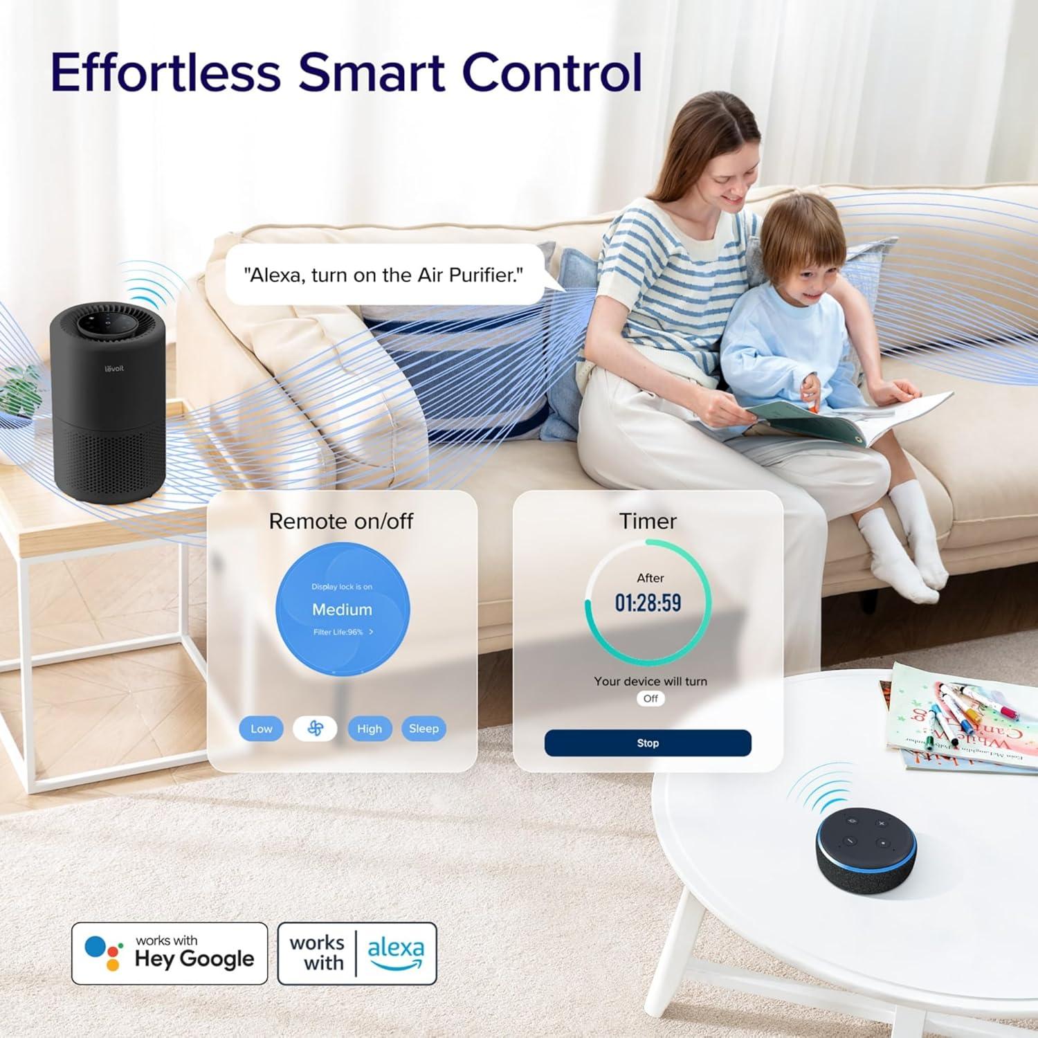Black HEPA Smart Air Purifier with Alexa and Google Assistant