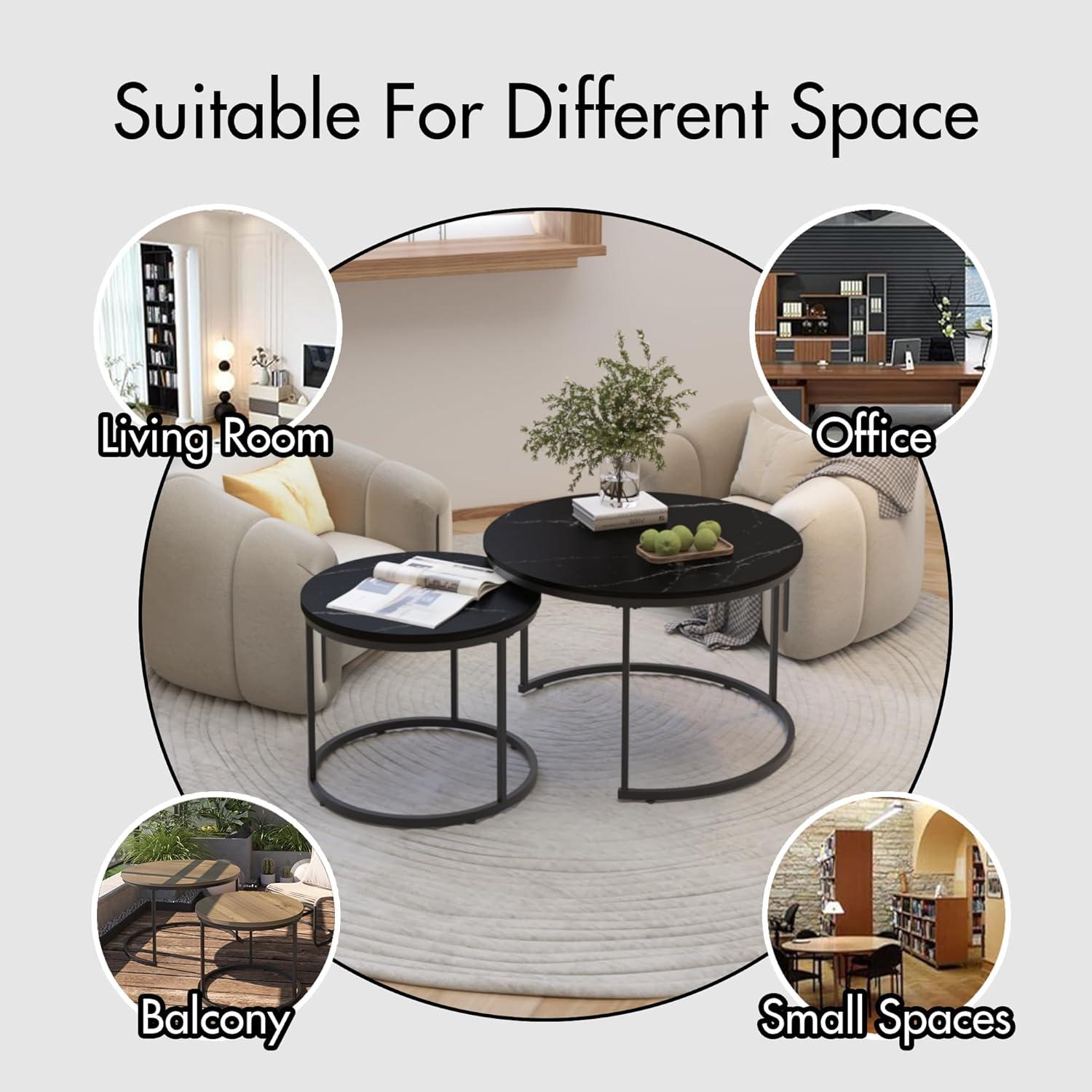 Yesfashion Nesting Coffee Table Set Of 2, 27.6" Round Coffee Table Wood Top With Sturdy Metal Frame, End Table Side Tables For Living Room Bedroom Balcony Yard