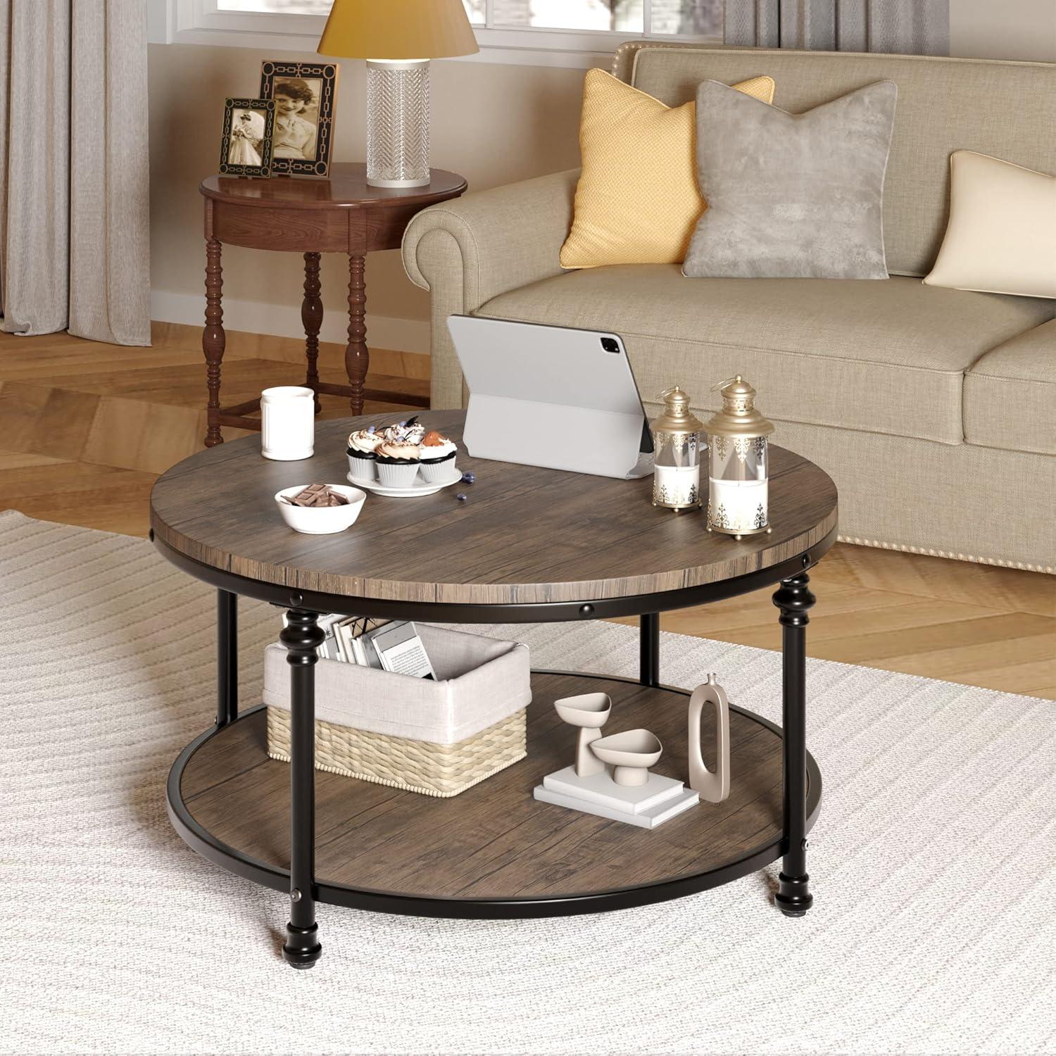 Jiowenm Round Coffee Table Living Room Wood Center Table with Storage Shelf Rustic Circle Coffee Table with Sturdy Metal Legs, Easy Assembly(Light Walnut)