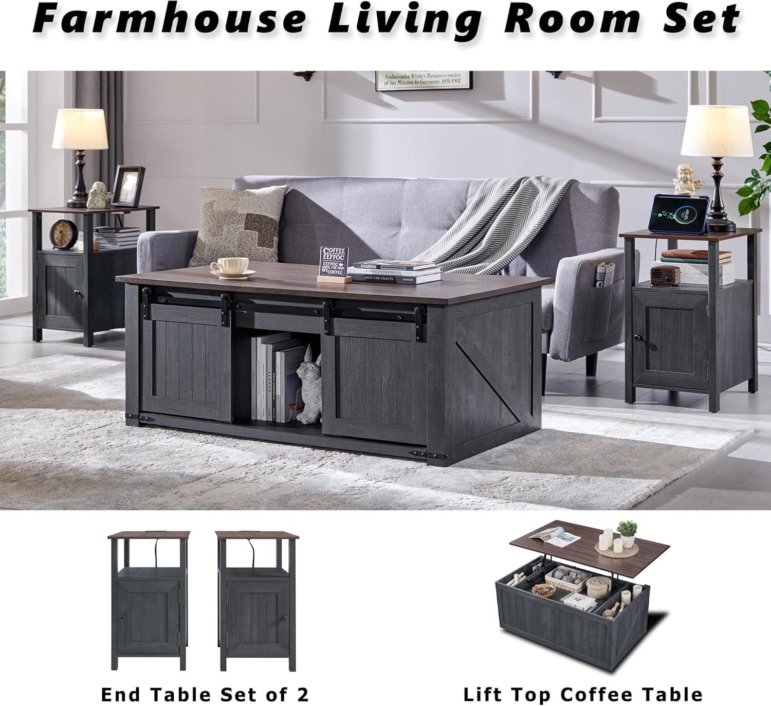 2 PCS Nightstand with Charging Station & Barn Door & Open Shelves，Farmhouse End Table for Bedroom, Living Room, Gray
