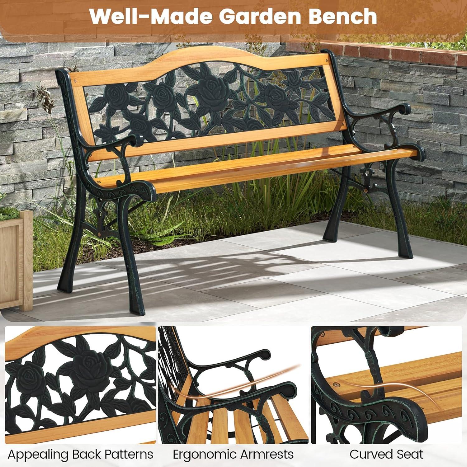 Tangkula Garden Cast Iron Bench Porch Path Loveseat Hardwood Chair for Patio Park