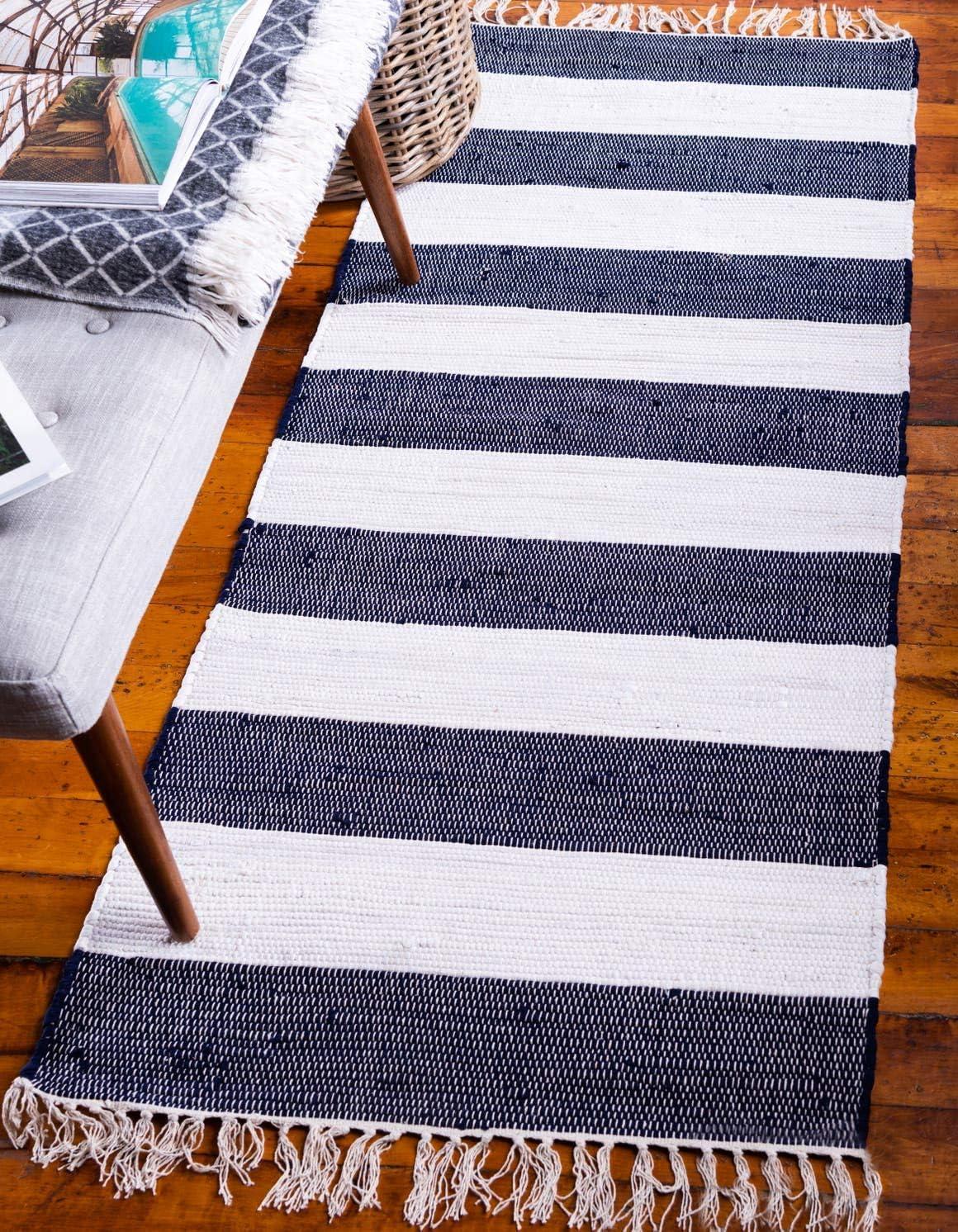 Unique Loom Chindi Rag Collection Area Rug - Striped (2' 7" x 6' 1" Runner Navy Blue/Ivory)