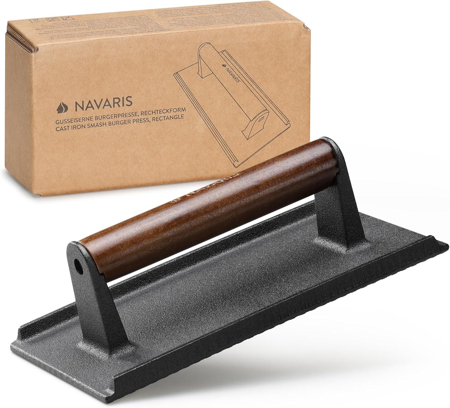 Navaris Cast Iron Round Burger Smasher - Food Grade Smash Burger Press with Wooden Handle - Grill BBQ Meat Patty Maker - Chef Press Burger Weight