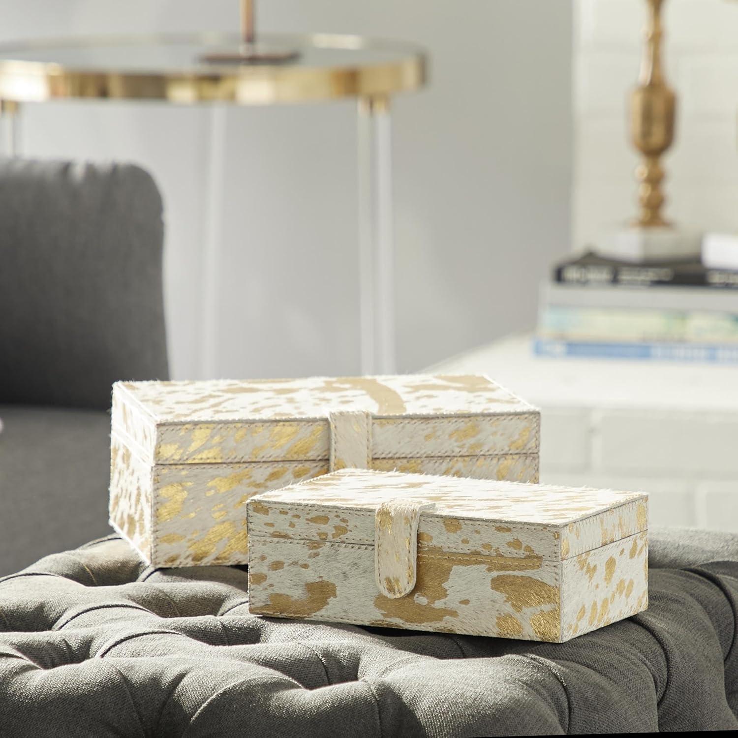 DecMode Handmade Gold Leather Decorative Box with Gold Foil Paint, 2 Count