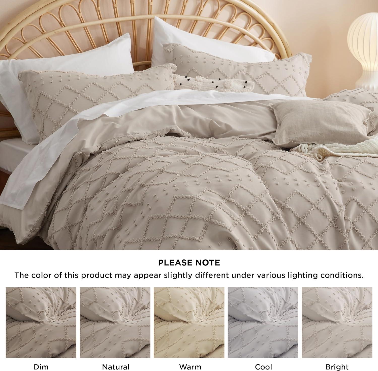 King Size White Tufted Boho Embroidery Duvet Cover Set