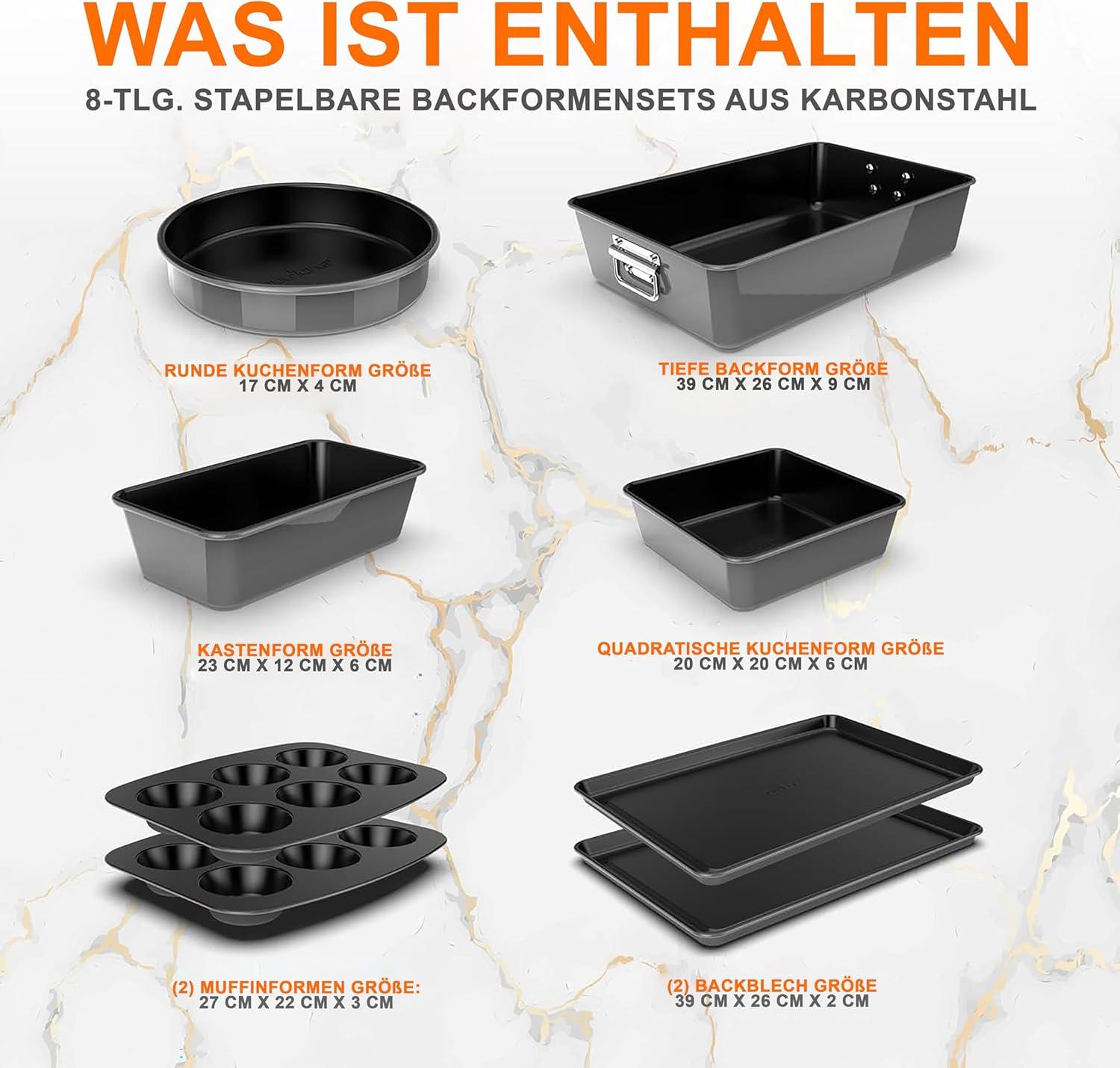 NutriChef 8-Piece Nonstick Stackable Bakeware Set - Pfoa, Pfos, Ptfe Free Baking Tray Set W/ Non-Stick Coating, 450°F Oven Safe, Round Cake, Loaf, Muffin, Wide/Square Pans, Cookie Sheet