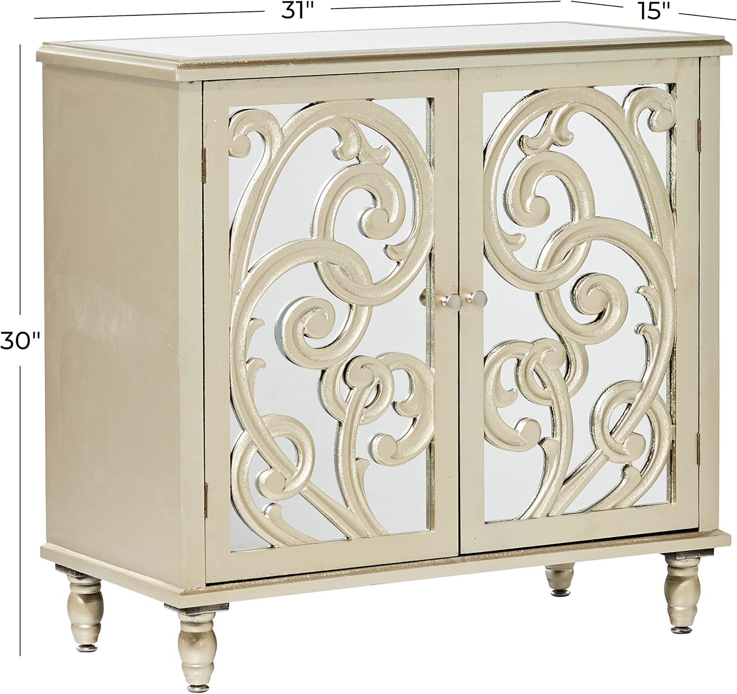 DecMode 31" x 30" Champagne Wood Intricately Carved 1 Shelf and 2 Doors Scroll Cabinet with Mirrored Front, 1-Piece