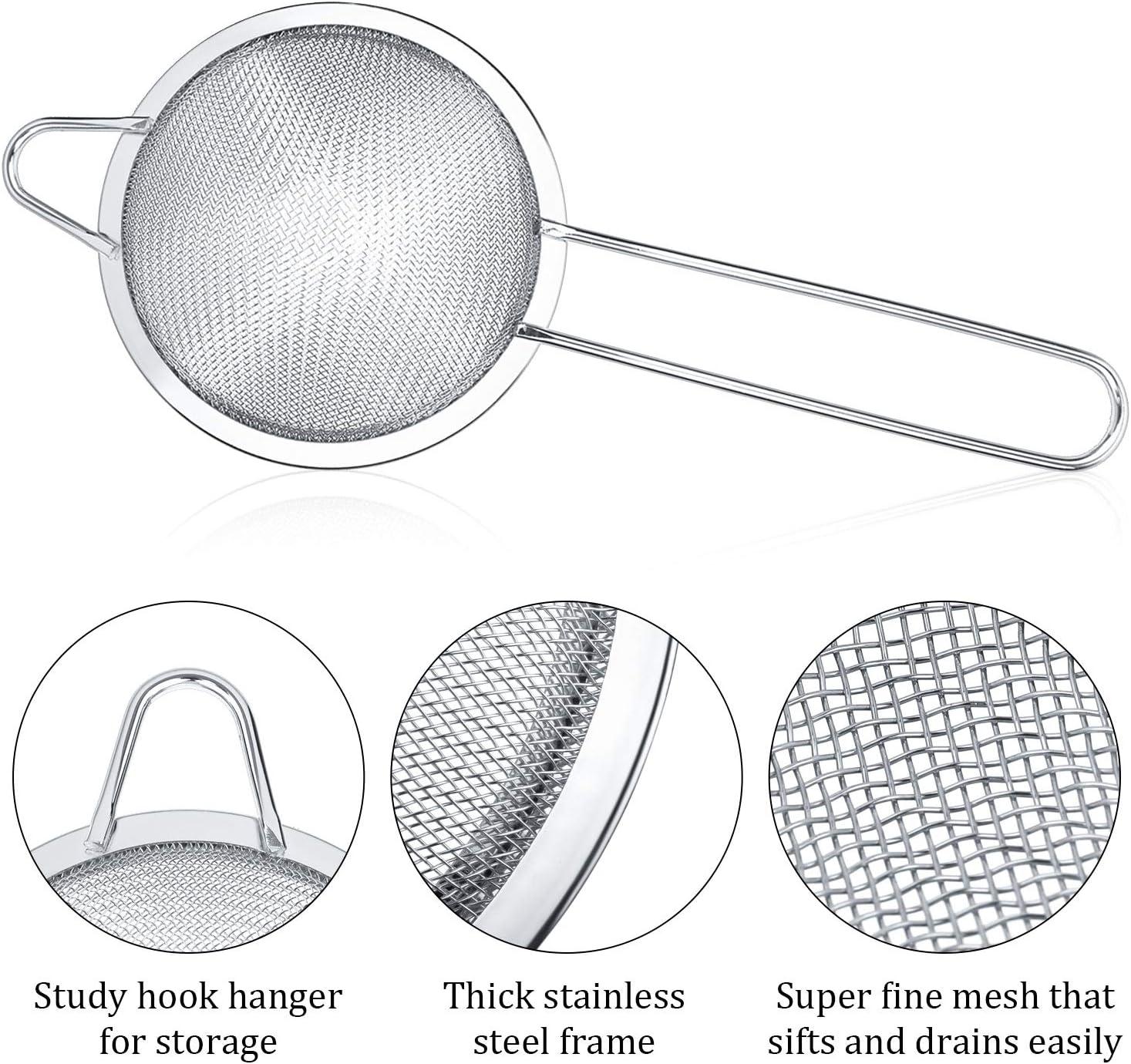 Silver Stainless Steel Fine Mesh Tea and Cocktail Strainers, 3.3 Inches, Set of 3