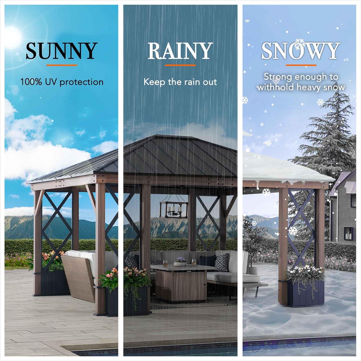 Sunjoy Sunjoy 13 ft. x 15 ft. Hardtop Gazebo, Outdoor Black Steel Roof Gazebo Aluminum Framed Gazebo with Planters and Ceiling Hook for Patio, Garden, and Backyard Activities