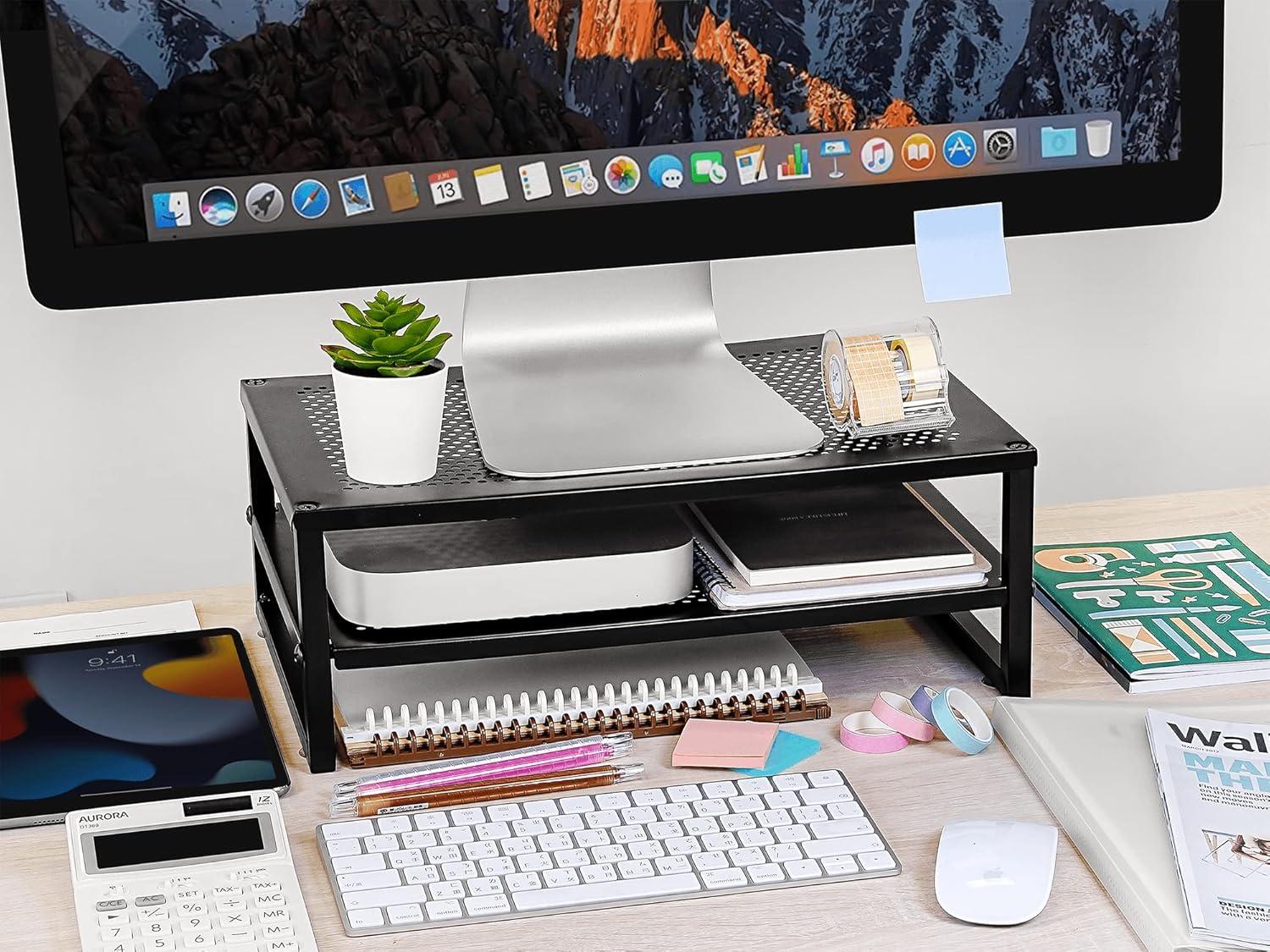 Black Metal 2-Tier Monitor Stand with Perforated Shelves