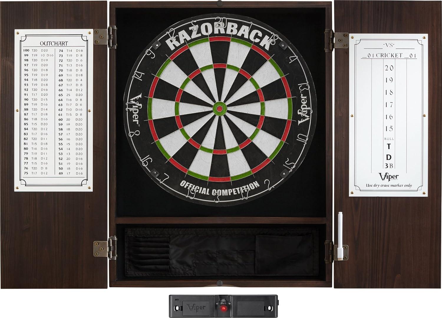 Viper Metropolitan Sisal Fiber Bristle Dartboard And Cabinet Bundle: Elite Set (Razorback Dartboard, Darts And Throw Line Light), Mahogany Finish