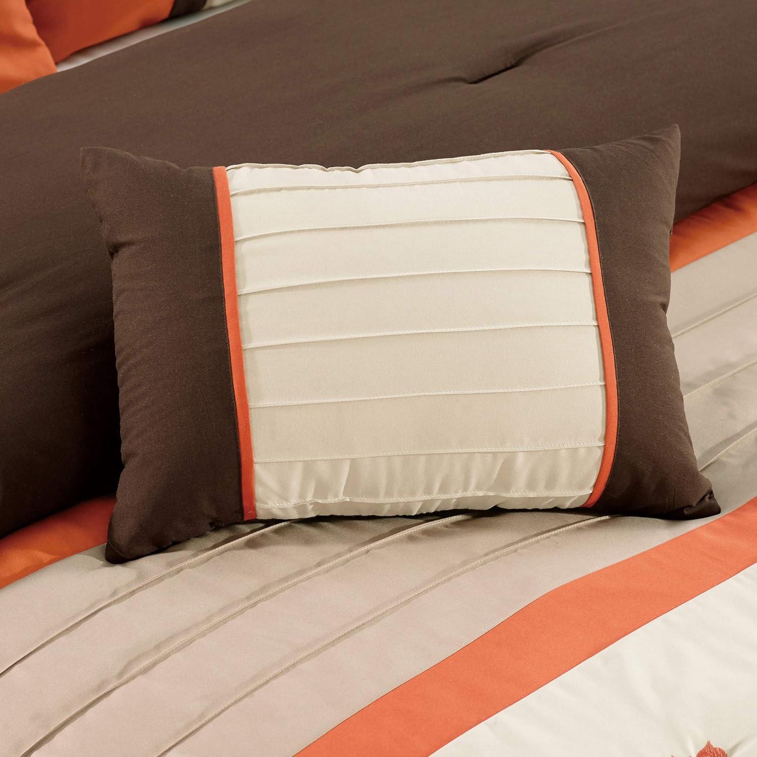 Serene 7-Piece Luxury Autumn Floral Embroidery Comforter Set, California King, Orange/Brown/Taupe