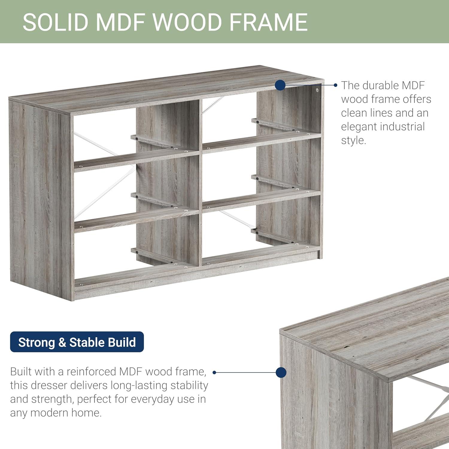 6-Drawer Dresser with Extra Large Fabric Bins, Wood Frame Storage Organizer for Bedroom, Living Room, or Hallway, Versatile Design Doubles as a TV Stand, Ideal for Home Organization, Grey