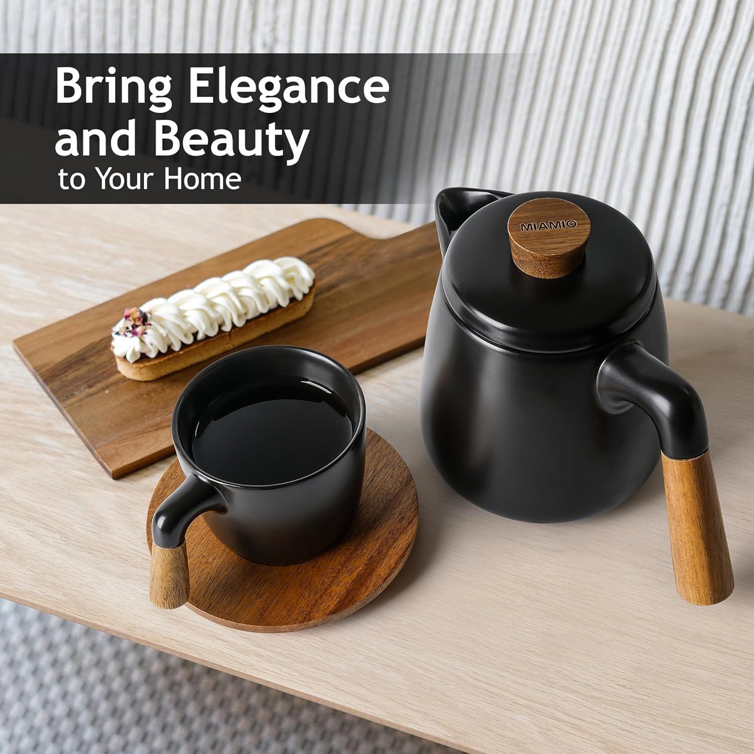 Black Ceramic Tea Pot Set with Bamboo Handle and Saucers
