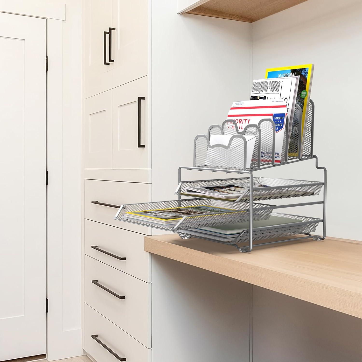 Simple Houseware Desk 3 Sliding Tray and 5 Stacking Section Organizers, Silver