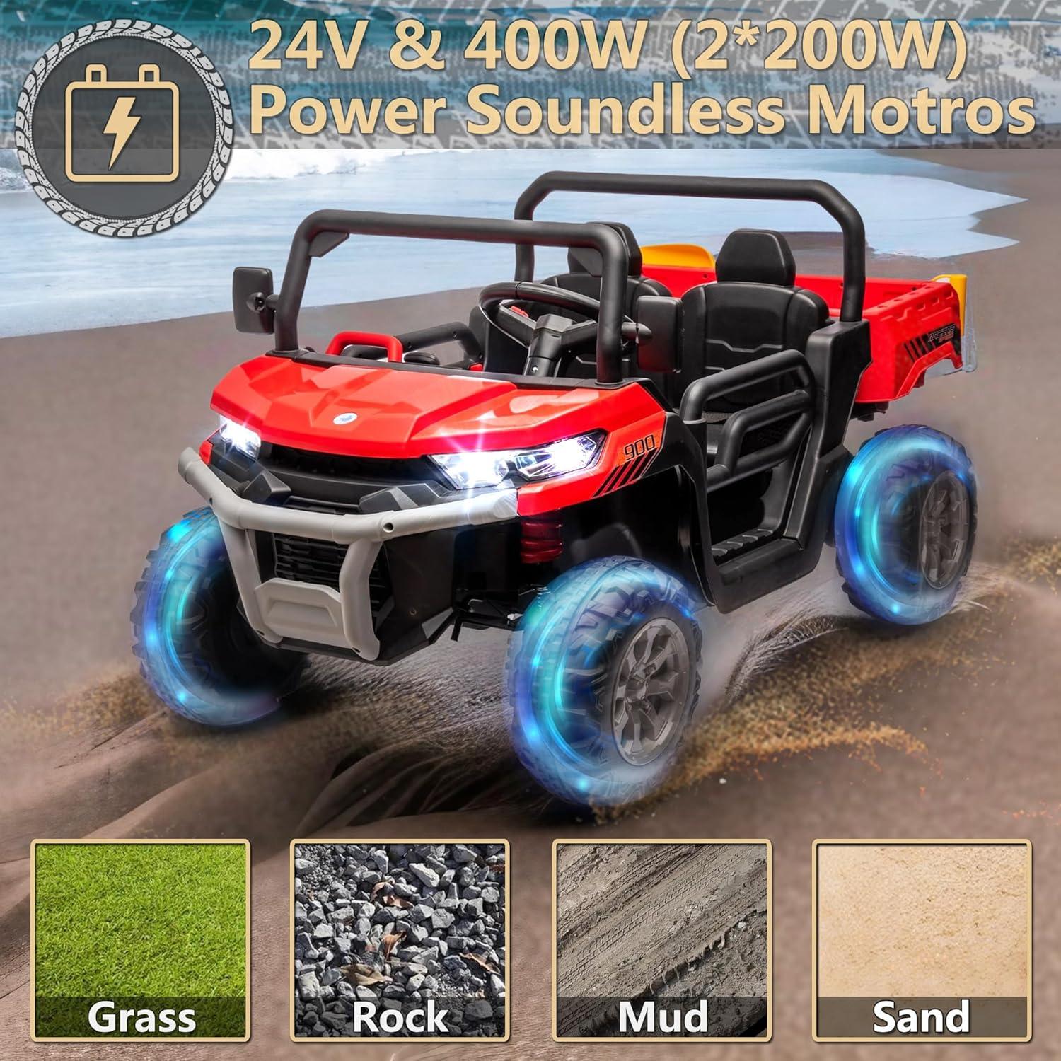 24V Kids Ride on Dump Truck with Remote Control, 2 Seater Powered 4-Wheel UTV Toys, 2x200W Ride on Tractor Car w/ Electric Dump Bed, Shovel, Bluetooth Music, Red