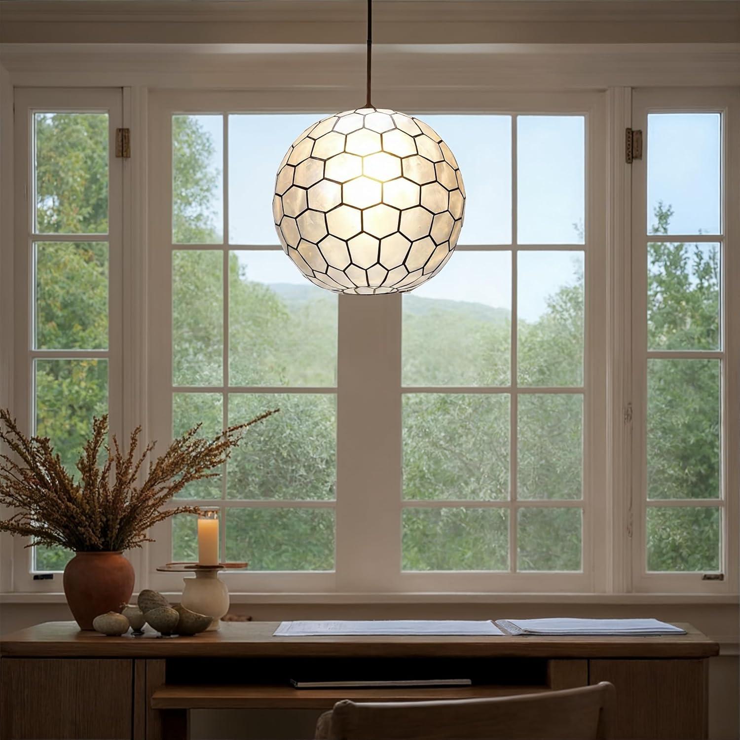 Storied Home 14"x13" Capiz Honeycomb Globe Pendant Light Capiz White Seashells Black: Artisan Crafted, ETL & UL Listed