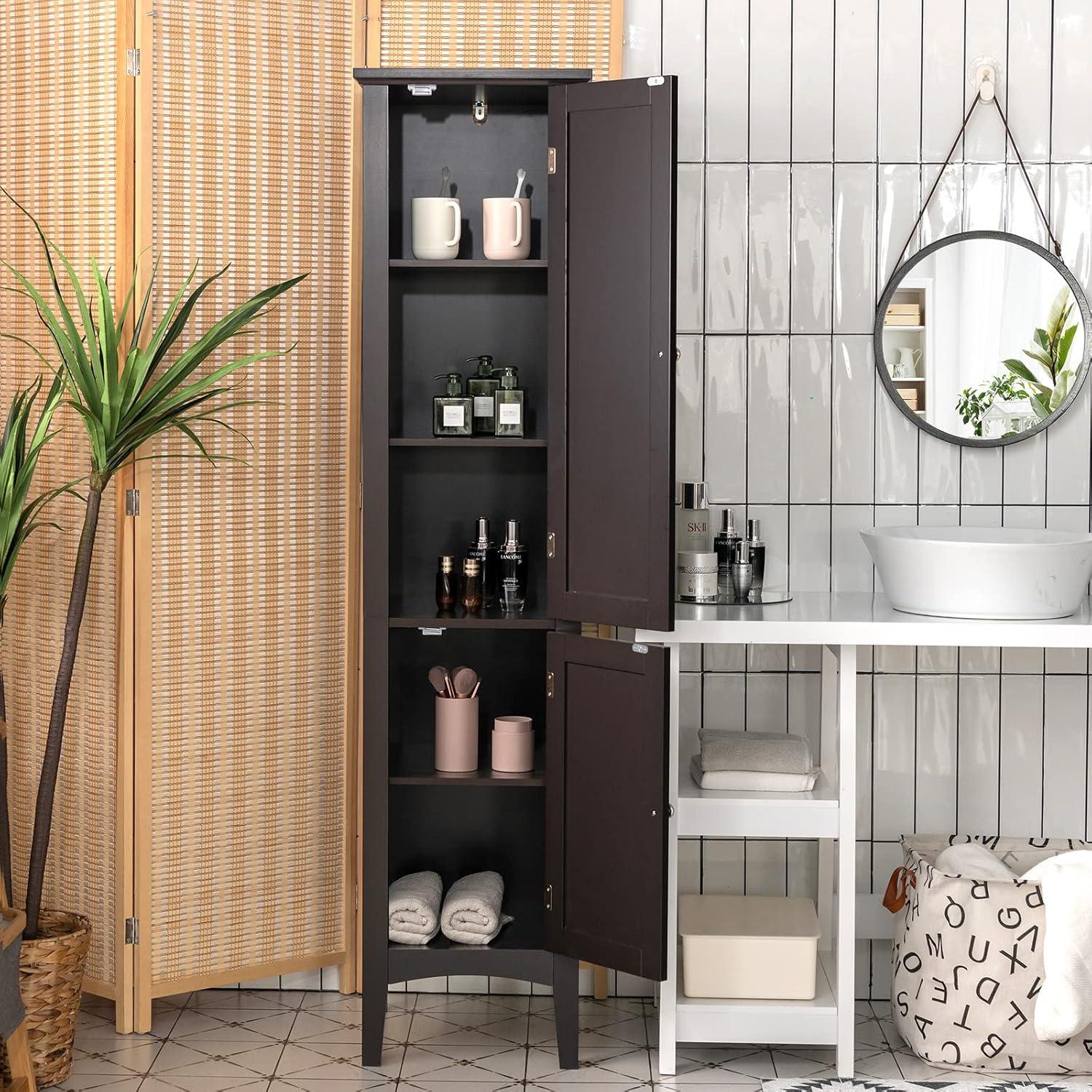 5 Tier Wooden Freestanding Tower Cabinet Tall Bathroom Storage Cabinet Brown