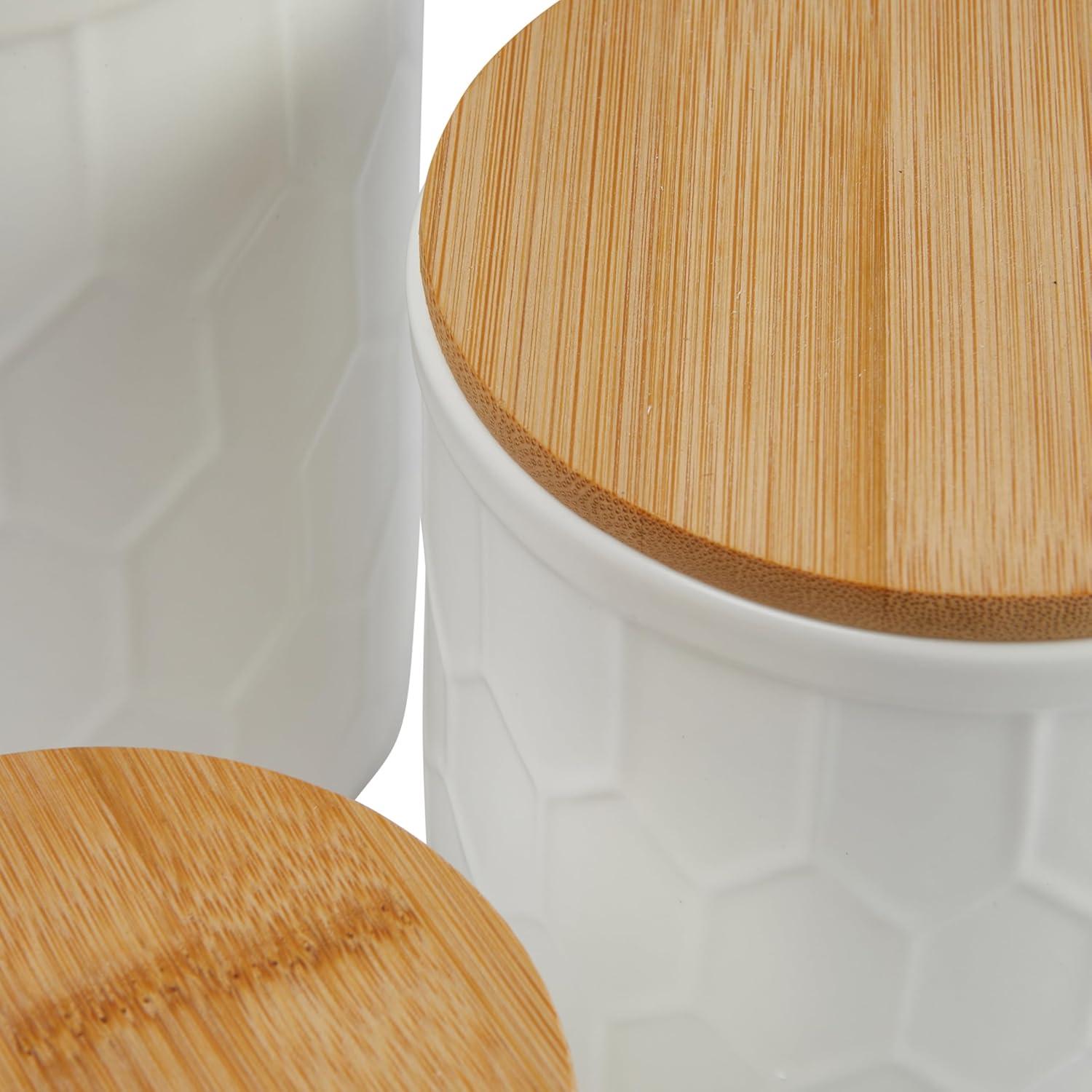 White Honeycomb Ceramic Canister Set with Bamboo Lids