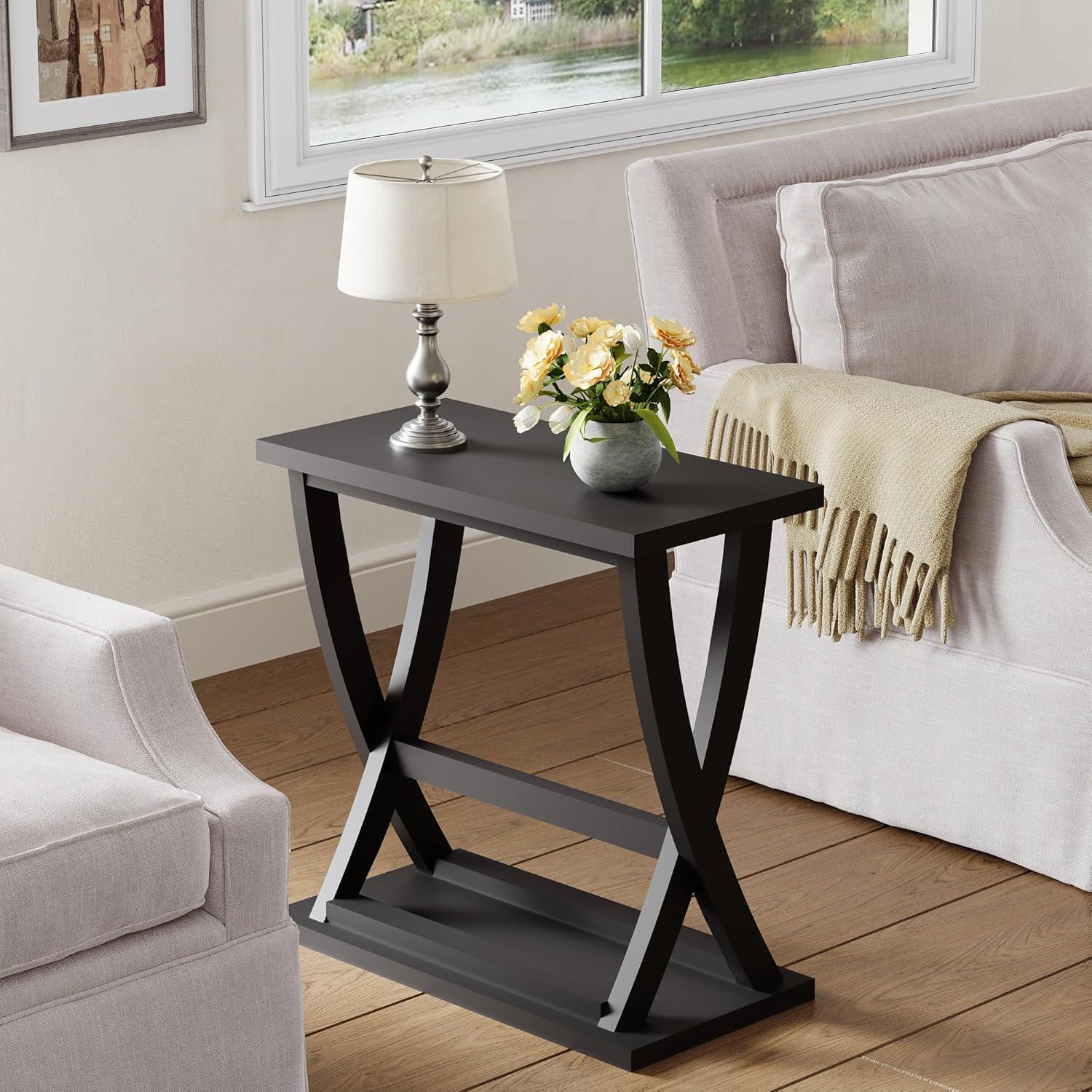 Black MDF X-Design Slim End Table Set with Storage Shelf