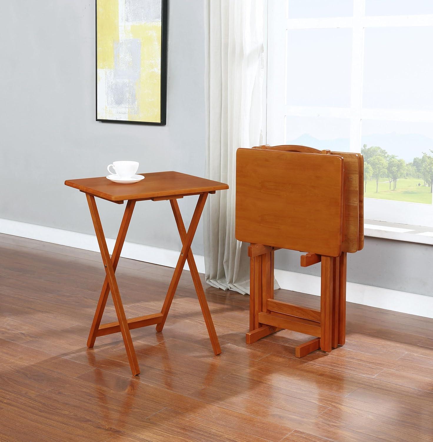 Set of 4 Oak Finish Solid Wood TV Dinner Tray Tables