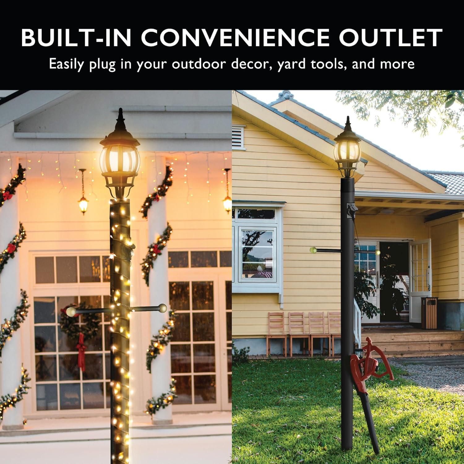 Design House,589812 Poste de Lámpara Tradicional para Exteriores con Brazo Cruzado de Plástico, Instalación de Enterramiento Directo, Toma de Corriente Incorporada y Sensor Fotocular Del Anochecer Al Amanecer en Negro