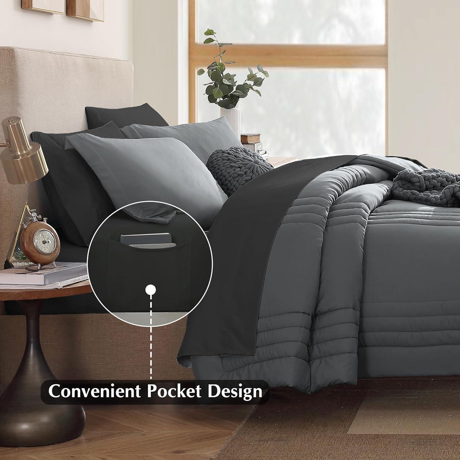 Monbix Queen Comforter Set - 7 Pieces Grey Bed in a Bag Queen Bedding Sets with Comforters, All Seasons Down Alternative Comforter Bed Set with Sheets,Pillowcases & Shams