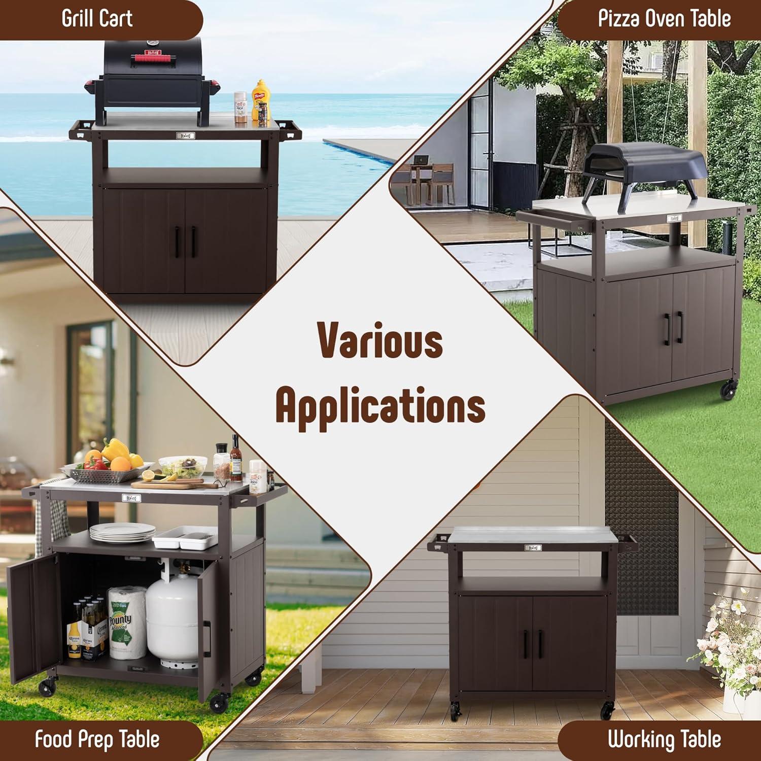 Feasto Feasto Outdoor Grill Cart with Stainless Steel Tabletop and Storage Cabinet, Movable Kitchen Island with Wheels for BBQ Food Prep