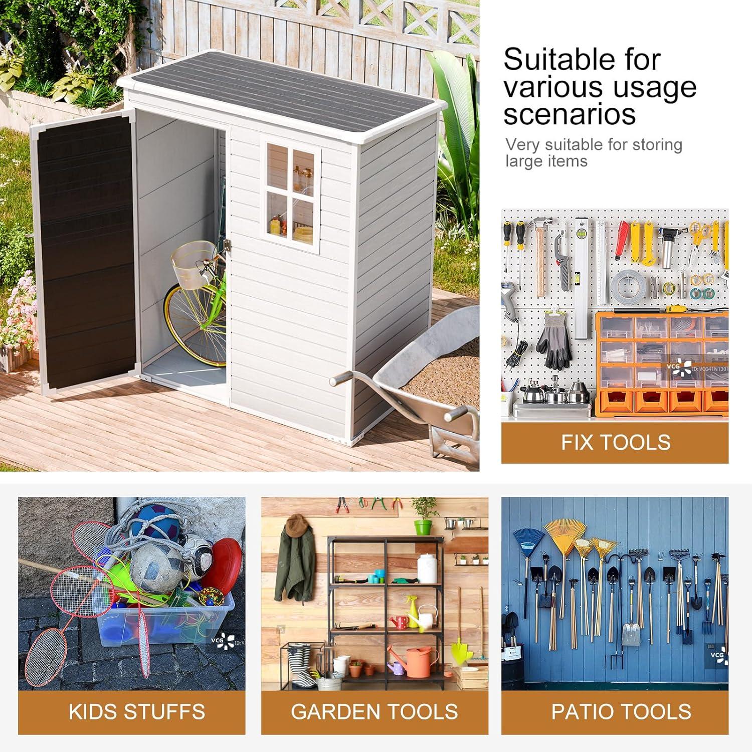 Gray Resin Outdoor Storage Shed with Window and Lockable Door