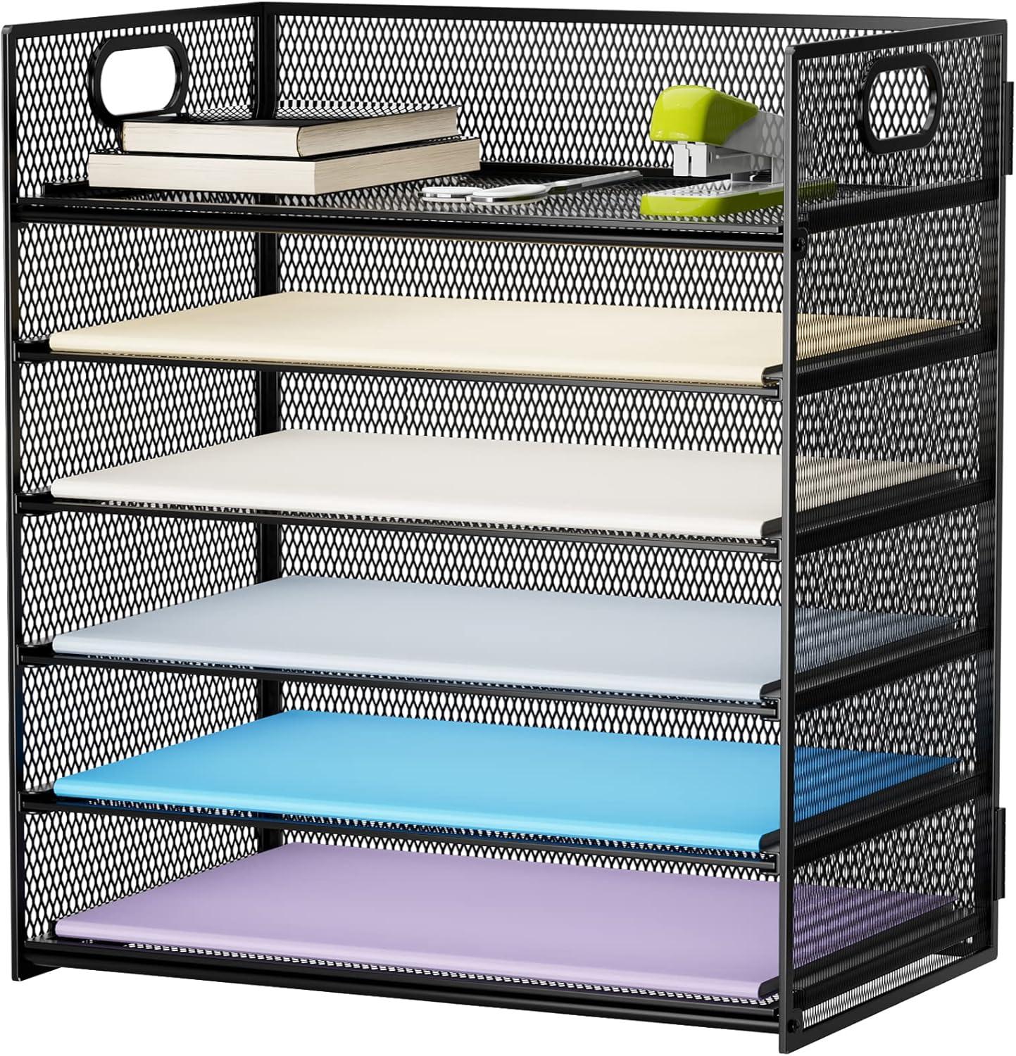 Black Metal Mesh 6-Tier Letter Tray with Portable Handle