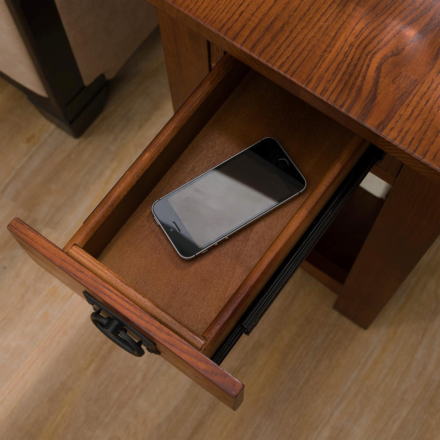 Medium Oak Mission Style Side Table with Drawer and Shelf