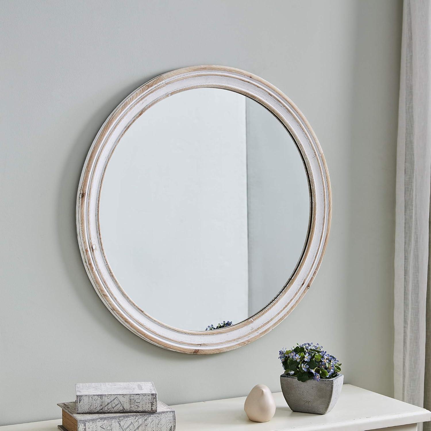 Aged White Round Weathered Wood Wall Mirror 32.8"