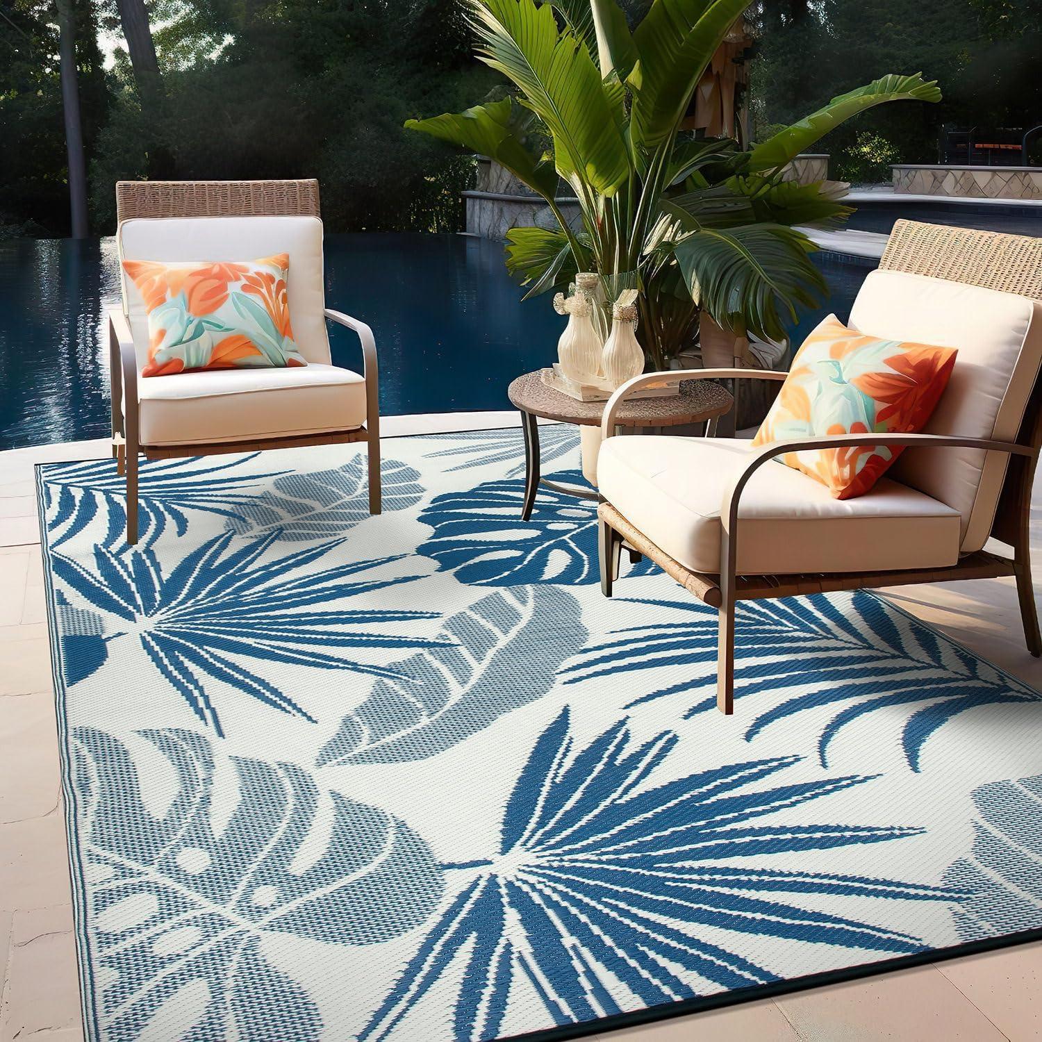 Blue Floral Reversible Synthetic 5' x 7' Outdoor Rug