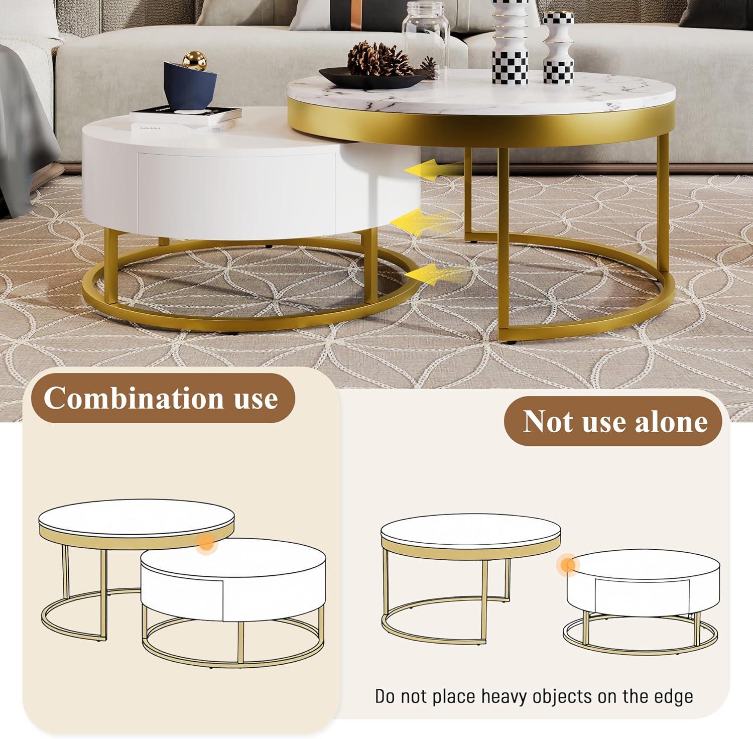 Modern Round Nesting Coffee Table with Drawers in White